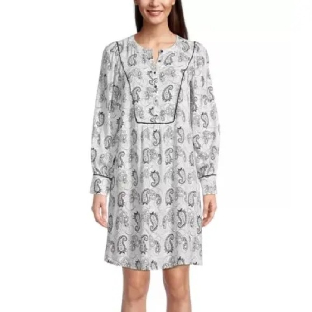 LOFT White Paisley Print Long Sleeve Button Front Shift Mini Dress Size S NWT